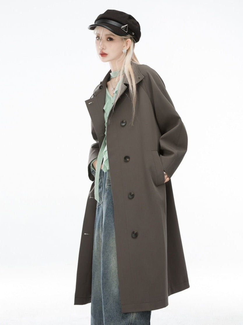 Mylan Gray Green Retro-Stand Collar Single Windbreaker Trench Coat