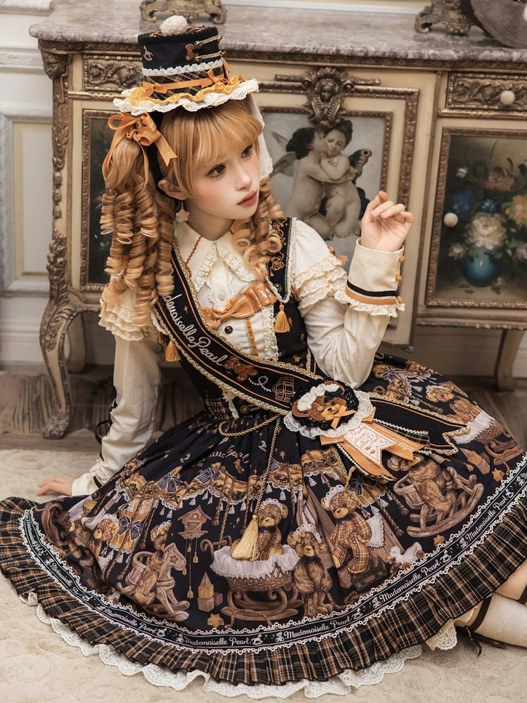 [Reservierungsschluss 8. September] Classic Bear Lolita-Stufenkleid mit weißem Kragen, Karomuster, Spitze und Schleife+Vintage-JSK-Kleid mit Teddybär-Print und Spitze+Vintage-Lolita-Kleid mit Teddybär-Print, Karokragen und klassischem Karomuster