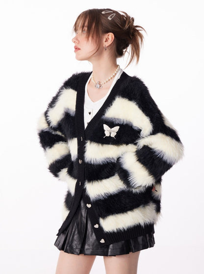 Butterfly Striped Fur Knit Cardigan