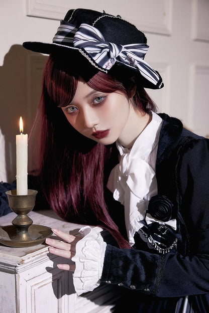 【10月3日予約締切】Black/White Elegant Gothic Series Accessories(Black Butterfly Print Striped Ribbon Hat, Black Rose Ribbon Brooch, Ribbon KC, Hair Clip Pair, Bonnet)