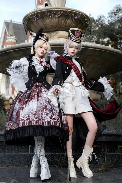 【7月25日予約締切】ブラック/ダークブルーゴシックロリータミリタリープリンスワンショルダーケープテールコート＋シャツコートセット