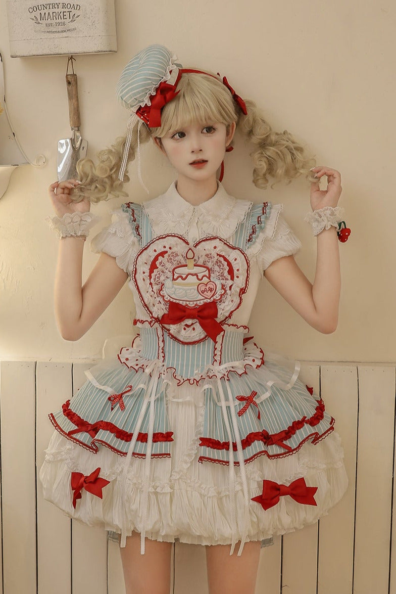 [Pre-order Deadline: September 27] Twin Tiered Lolita Dot Ribbon Striped Dress + Flower Bud Skirt Dress