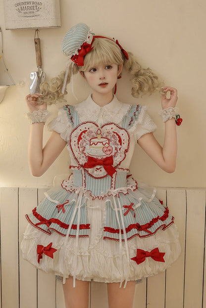 [Pre-order Deadline: September 27] Twin Tiered Lolita Dot Ribbon Striped Dress + Flower Bud Skirt Dress