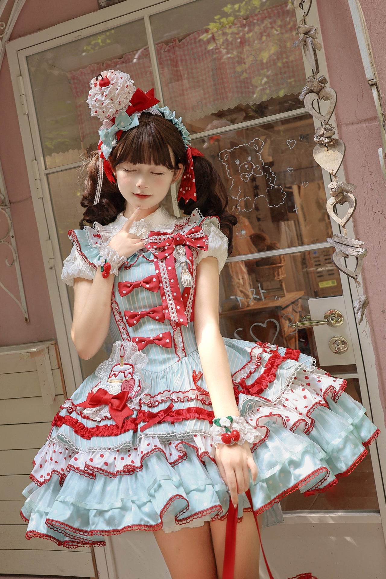 [Pre-order Deadline: September 27] Twin Tiered Lolita Dot Ribbon Striped Dress + Flower Bud Skirt Dress