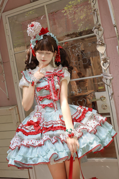 [Pre-order Deadline: September 27] Twin Tiered Lolita Dot Ribbon Striped Dress + Flower Bud Skirt Dress