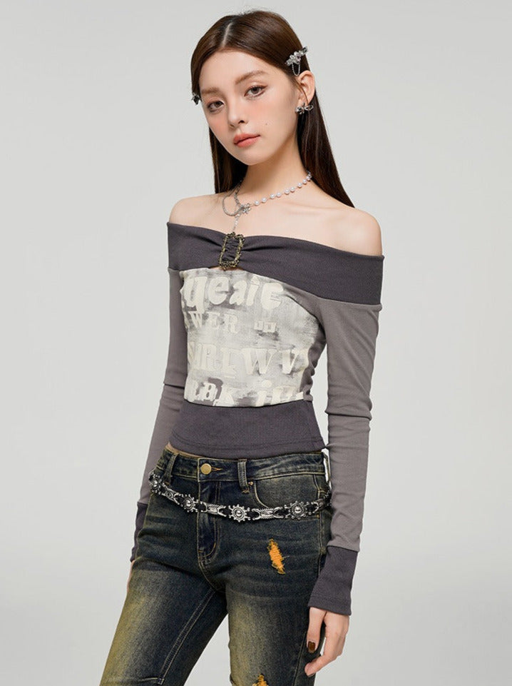 Gray Contrast Color One Shoulder Printed Top