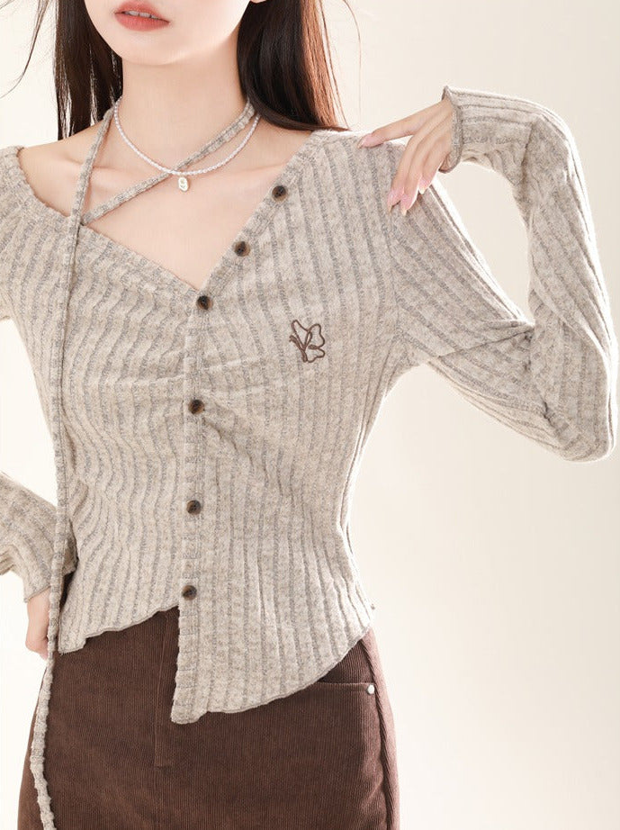 Butterfly Niche Design Slim V Neck Strap Knit