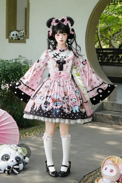 [Pre-order Deadline: October 25] Pink/Green Chinoiserie Lolita Sweet Panda Print Bow Bell Sleeve OP Dress
