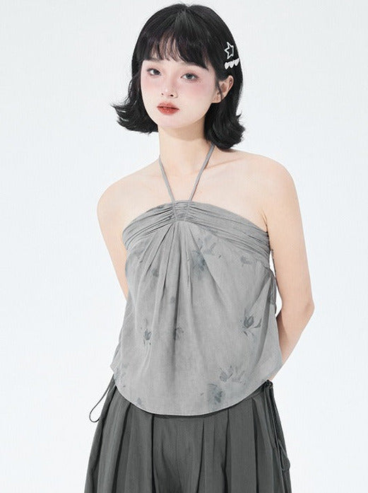 Retro Flower Print Holter Ribbon Club Top