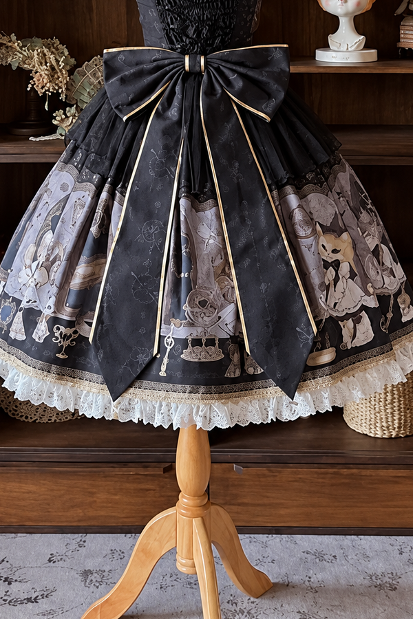 Reservation Deadline: December 26 Black Gold Gothic Lolita Cat Choir Series Accessories (Cat Ear BB Hat + Back Ribbon Train + Pair of Side Ribbons with Musical Note and Cross Motifs + Cat Print Ribbon KC + Black Cat Ear Lace Mini Hat)