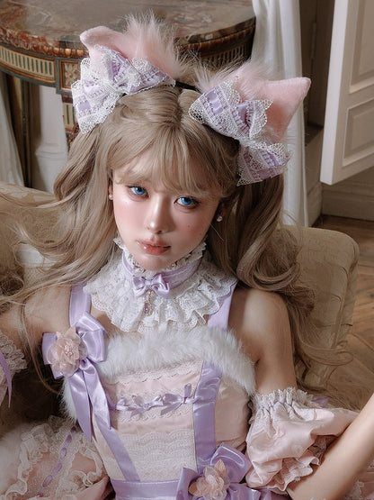 【12月26日予約締切】キャットファンタジーピンクパープルファーリボンティアードドレス＋猫耳ヘッドKC＋レースチョーカー