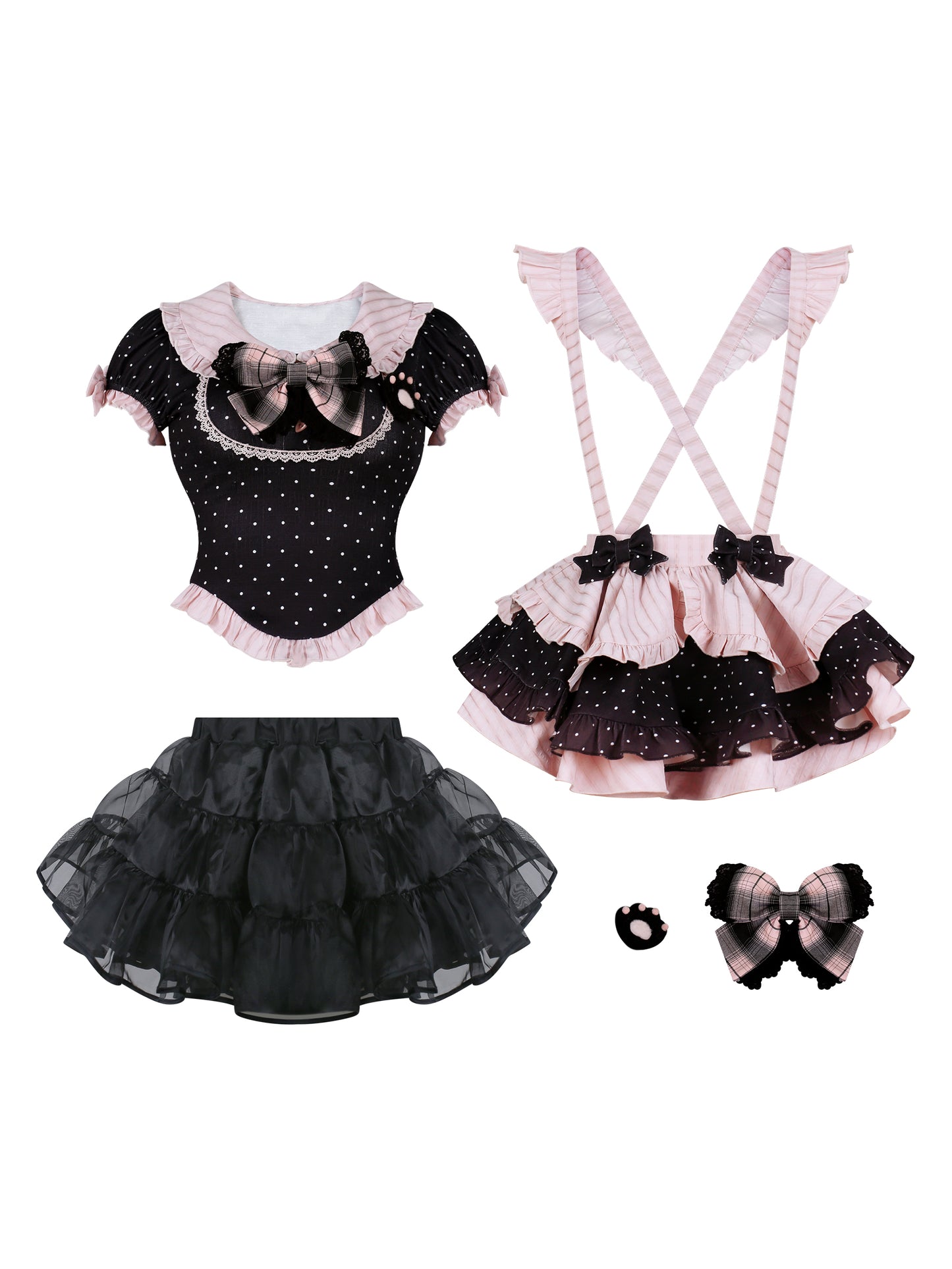 Black cat maid dot top + suspender skirt + panniers