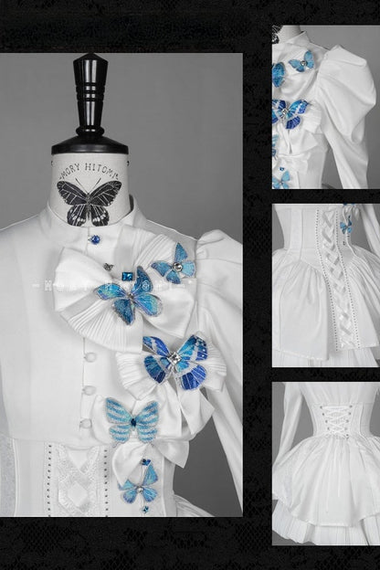 [Reservierungsschluss 14. Oktober] Schwarz-weißes Gothic-Lolita-Minikleid mit Schmetterlingsschleife, Bandkragen und Schnürung am Rücken