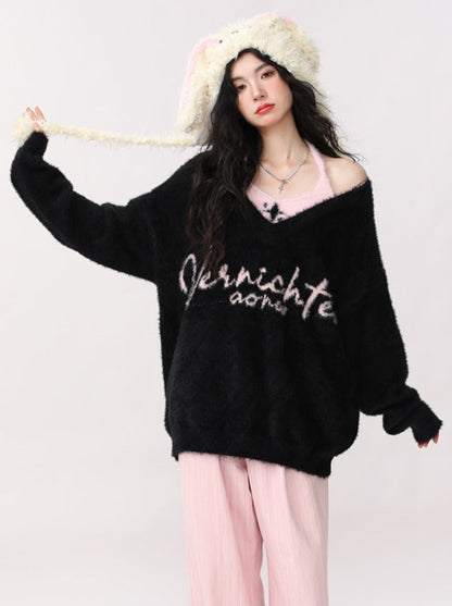 Soft Loose V-Neck Sweet Lazy Style Faux Two Piece Knit Sweater