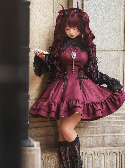 【12月26日予約締切】ゴシックロリータダークカラーストライプリボンサスドレス