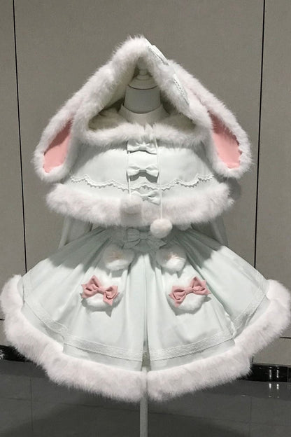 【12月19日予約締切】Sweet Dream Rabbitミントグリーンうさ耳フーディーファーケープ＋OPドレス＋サスペンダードレス＋インナートップス