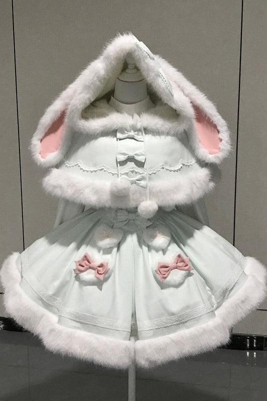 【12月19日予約締切】Sweet Dream Rabbitミントグリーンうさ耳フーディーファーケープ＋OPドレス＋サスペンダードレス＋インナートップス