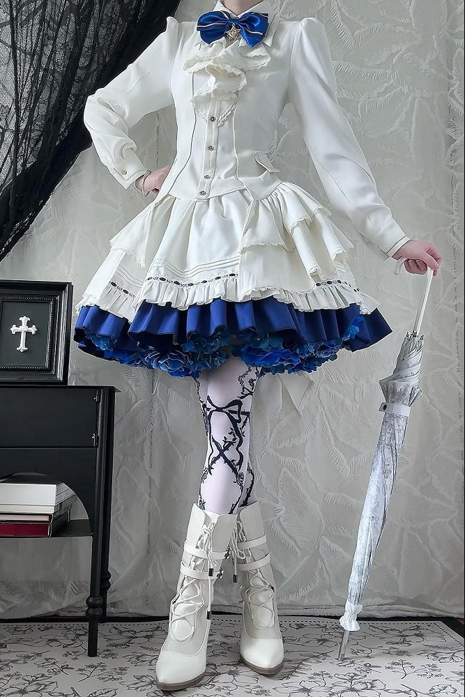 【9月13日予約締切】Blue White Military Ruffle Lolita Jacket (with epaulet bow) + Shirt + Short Skirt Set / Shorts Set + Complete set 1/2 (Officer cap + Leg covers + Sash)