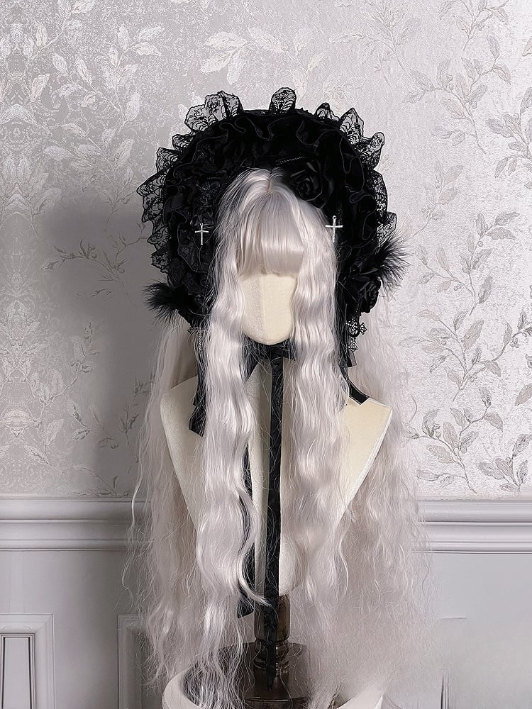 Black Mist Banquet Gothic Cross Rose Bonnet + Veil + Brooch
