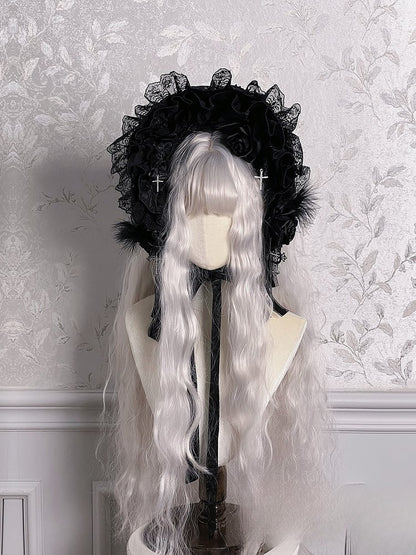 Black Mist Banquet Gothic Cross Rose Bonnet + Veil + Brooch