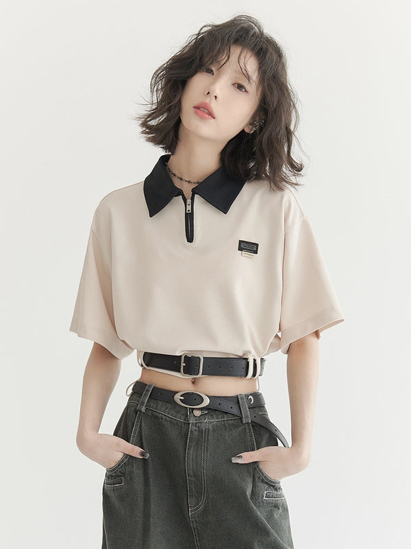 ポロカラーベルトループドロストショートトップス