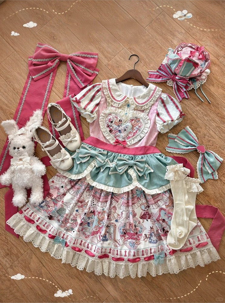 [Pre-order Deadline: July 1] Pink x Green Alice Cat Sweet Lolita Puff Sleeve OP Dress (with Ribbon Apron and Playing Card Motif Waist Belt)