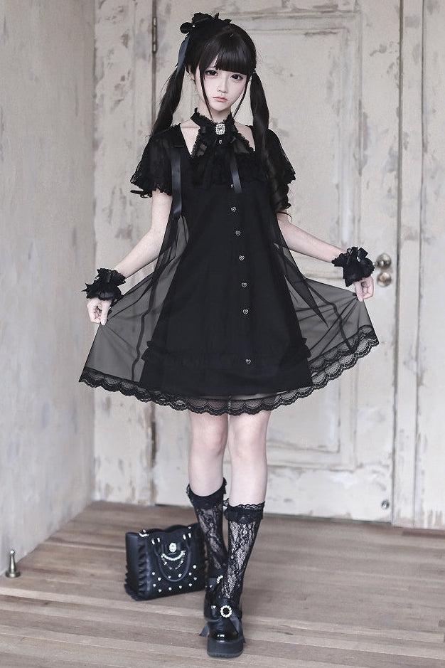 [Reservierungsschluss am 15. Juli] Schwarzes Gothic-Tüllkleid im Lagenlook mit Schmuckschleife + Rosenkreuz-Haarspange + Handgelenkmanschetten