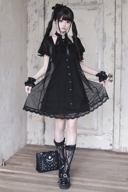 [Reservierungsschluss am 15. Juli] Schwarzes Gothic-Tüllkleid im Lagenlook mit Schmuckschleife + Rosenkreuz-Haarspange + Handgelenkmanschetten