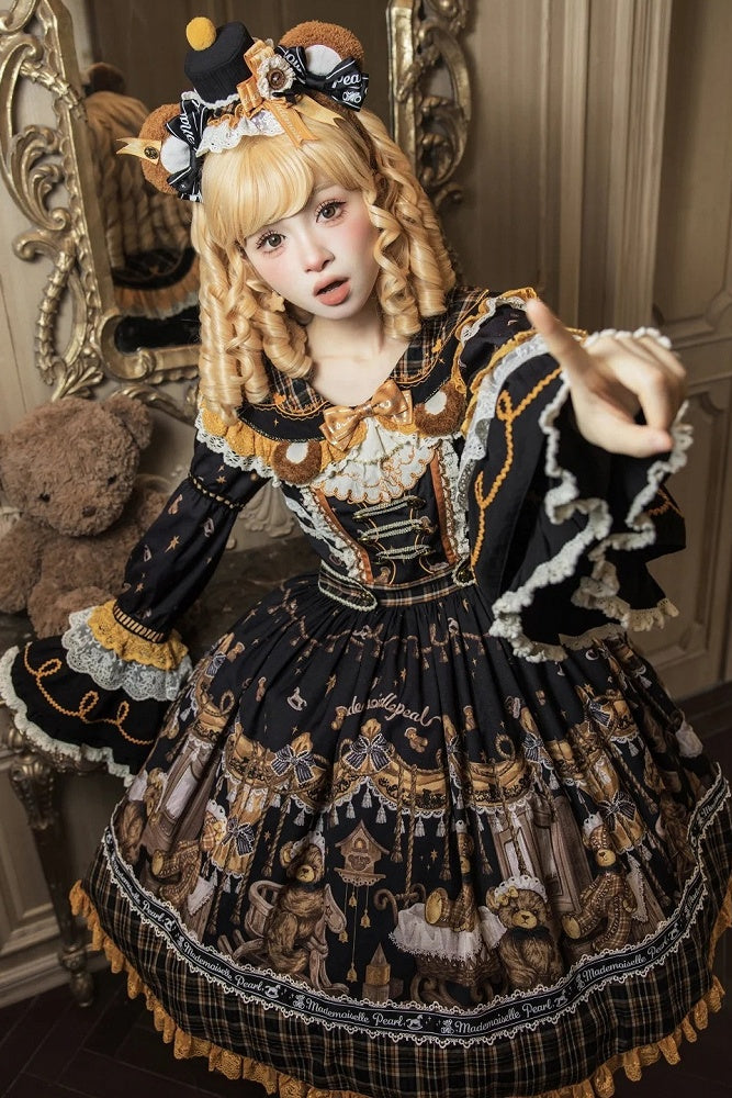 [Reservierungsschluss 8. September] Classic Bear Lolita-Stufenkleid mit weißem Kragen, Karomuster, Spitze und Schleife+Vintage-JSK-Kleid mit Teddybär-Print und Spitze+Vintage-Lolita-Kleid mit Teddybär-Print, Karokragen und klassischem Karomuster