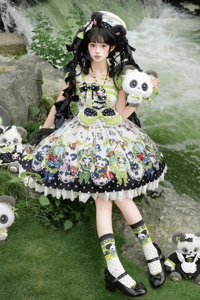 [Pre-order Deadline: October 25] Pink/Green Chinoiserie Lolita Sweet Panda Ear Bow High-Waist Tiered JSK Dress + Bow-Waist Panda Print Dress