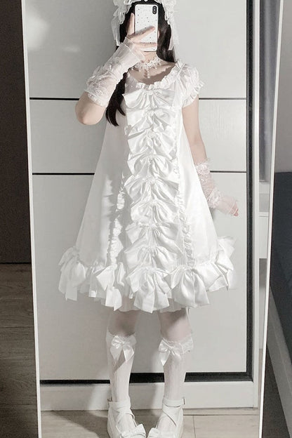 [November 15 Reservation Deadline] White Doll Style Front & Back Two-Way Ruffle Ribbon Lolita Dress (Short/Long) + Matching Shorts (Short/Long) + BB Hat
