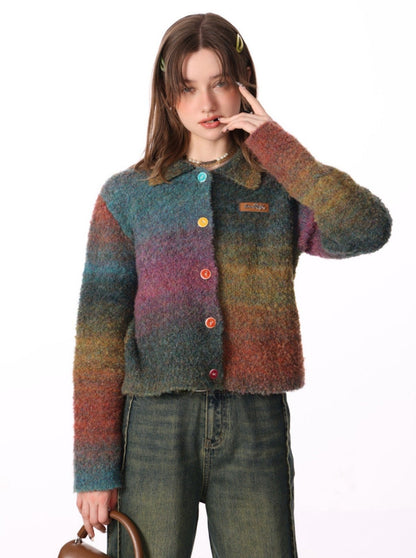 Gradient Polo Collar Soft Wax Wool Retro Cardigan