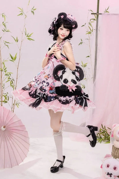 [Pre-order Deadline: October 25] Pink/Green Chinoiserie Lolita Sweet Panda Ear Bow High-Waist Tiered JSK Dress + Bow-Waist Panda Print Dress