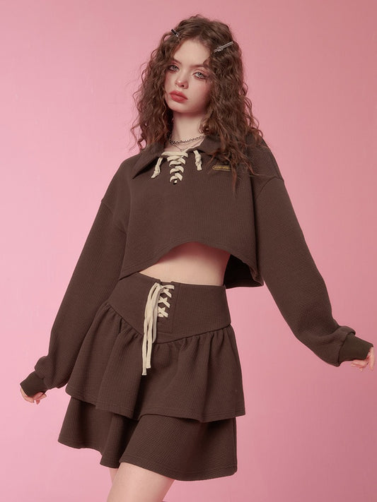 レースアップネックカジュアルトップス＋ショートスカート