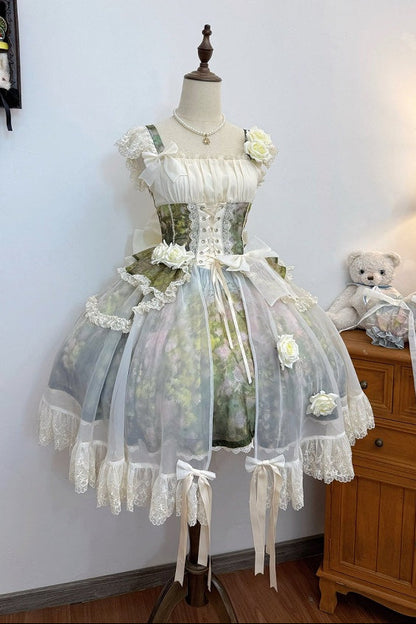 【8月23日予約締切】Romantic forest flower oil painting print classical Lolita tulle with overlay short JKS dress