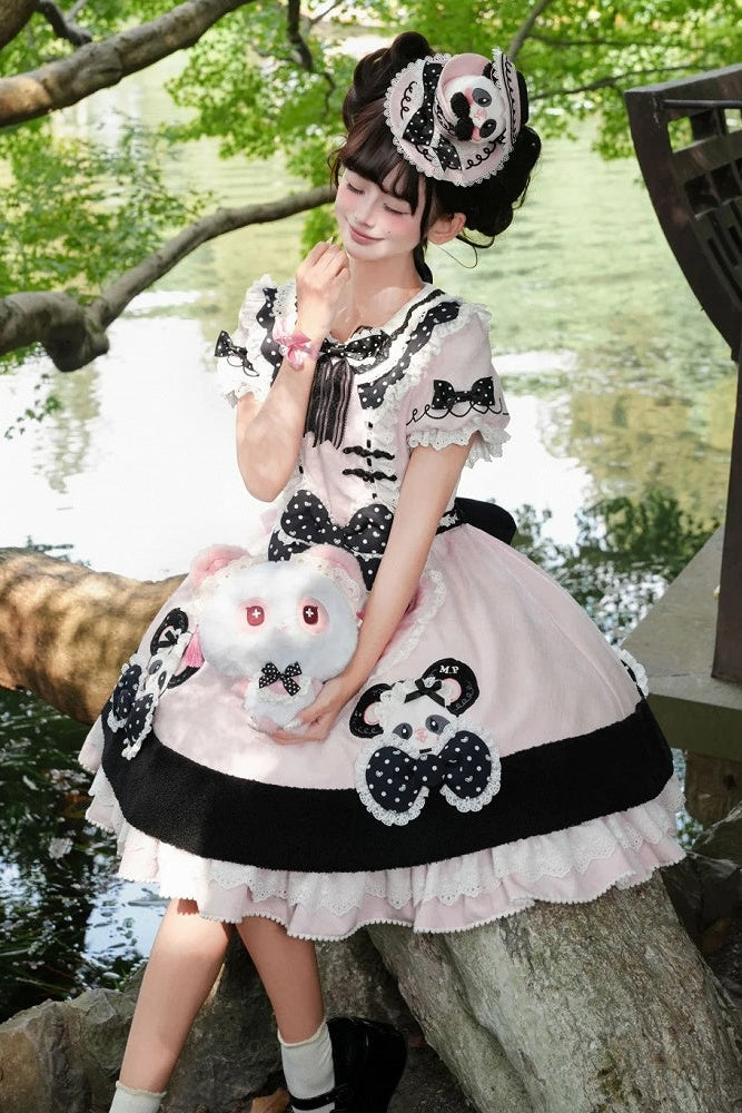 [Pre-order Deadline: October 25] Pink/Green Chinoiserie Lolita Sweet Panda Appliqué Puff Sleeve Polka Dot Bow Apron Dress