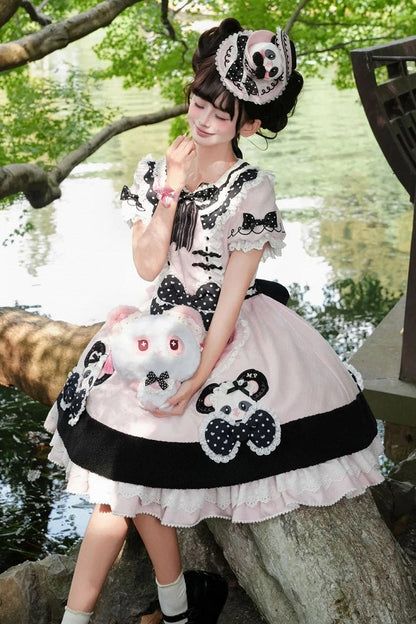 [Pre-order Deadline: October 25] Pink/Green Chinoiserie Lolita Sweet Panda Appliqué Puff Sleeve Polka Dot Bow Apron Dress