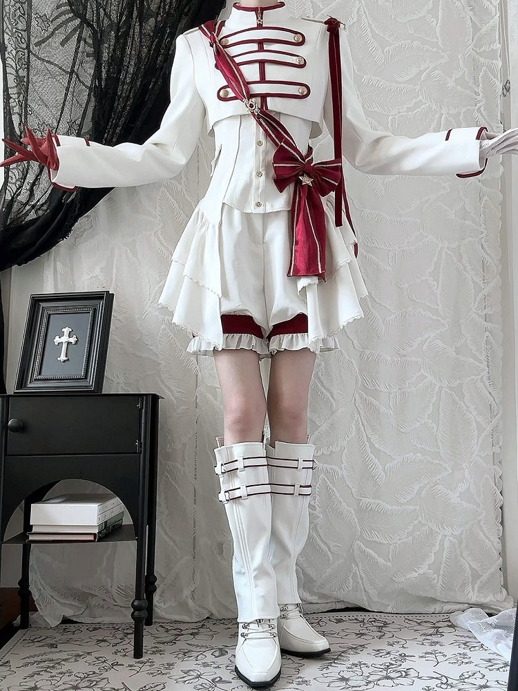 【9月13日予約締切】White Burgundy Military Ruffle Lolita Jacket (with epaulet bow) + Shirt + Short Skirt Set / Shorts Set + Complete set 1/2 (Officer cap + Leg covers + Sash)