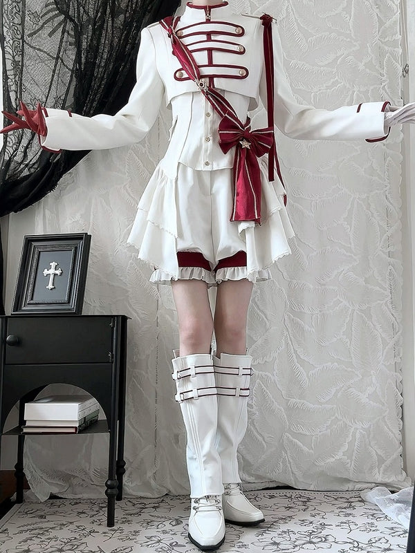 【9月13日予約締切】White Burgundy Military Ruffle Lolita Jacket (with epaulet bow) + Shirt + Short Skirt Set / Shorts Set + Complete set 1/2 (Officer cap + Leg covers + Sash)