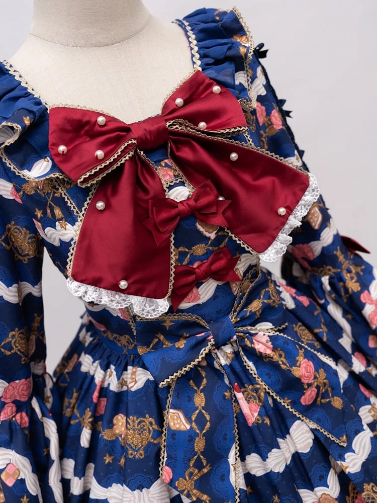 【4月26日予約締切】レトロロマンスイートロリータリボンケーキプリントゴージャス姫袖ドレス