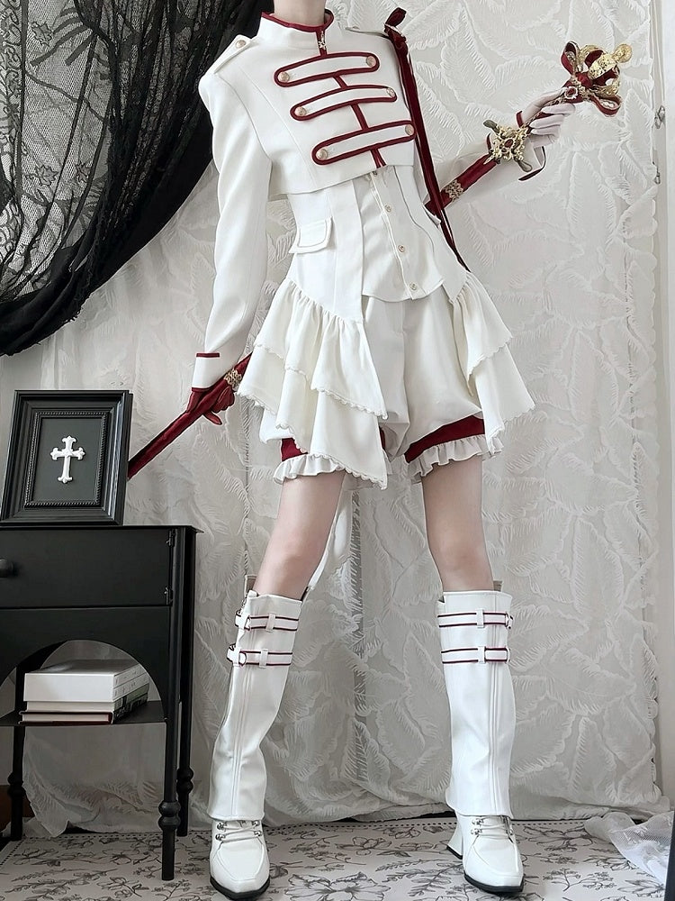 【9月13日予約締切】White Burgundy Military Ruffle Lolita Jacket (with epaulet bow) + Shirt + Short Skirt Set / Shorts Set + Complete set 1/2 (Officer cap + Leg covers + Sash)