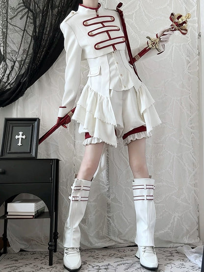【9月13日予約締切】White Burgundy Military Ruffle Lolita Jacket (with epaulet bow) + Shirt + Short Skirt Set / Shorts Set + Complete set 1/2 (Officer cap + Leg covers + Sash)
