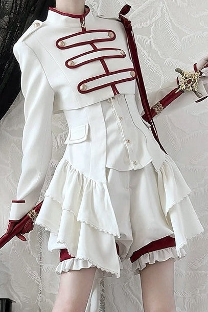 【9月13日予約締切】White Burgundy Military Ruffle Lolita Jacket (with epaulet bow) + Shirt + Short Skirt Set / Shorts Set + Complete set 1/2 (Officer cap + Leg covers + Sash)