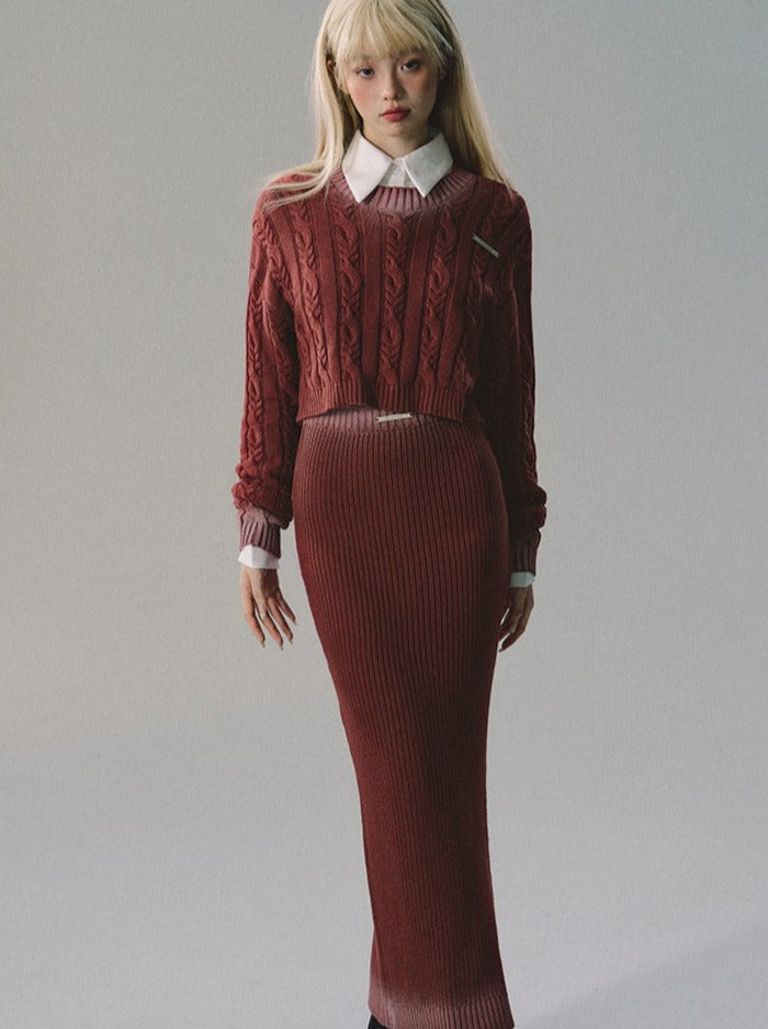 Gradient cable knit + short knit skirt + long knit skirt