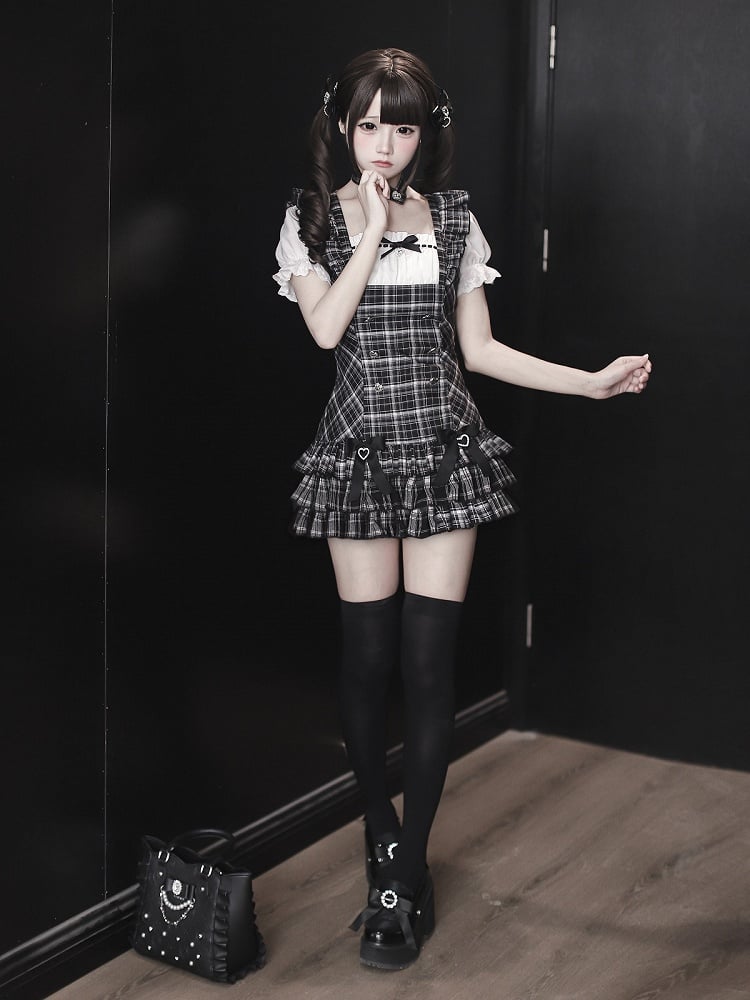 【4月29日予約締切】ブラックチェックフリルリボンパフスリーブミニドレスセットアップ＋チョーカー