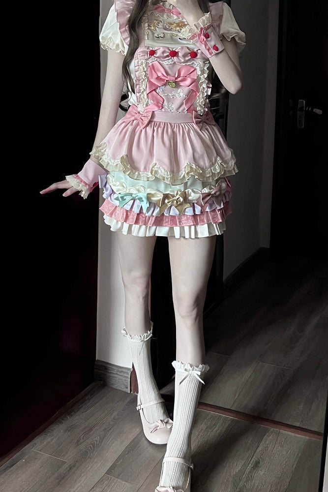 [Reservierungsschluss: 20. August] Dream-Parade Sweet-Lolita-Bluse mit Stickerei und Rüschen + gestuftes JKS-Kleidset mit Pastellschleife