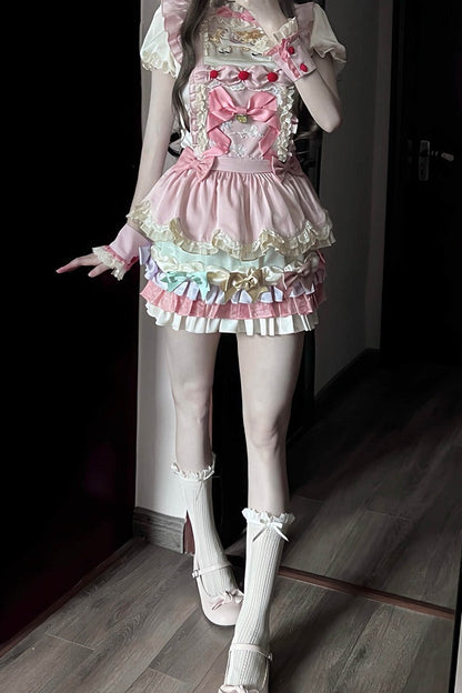 [Reservierungsschluss: 20. August] Dream-Parade Sweet-Lolita-Bluse mit Stickerei und Rüschen + gestuftes JKS-Kleidset mit Pastellschleife