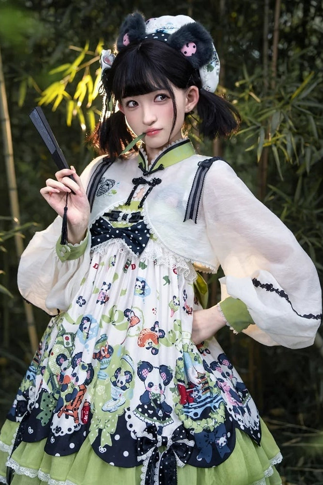 [Pre-order Deadline: October 25] Pink/Green Chinoiserie Lolita Sweet Panda Ear Bow High-Waist Tiered JSK Dress + Bow-Waist Panda Print Dress