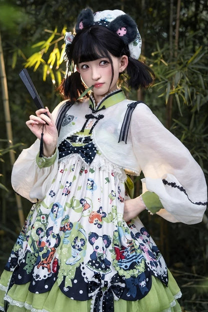[Pre-order Deadline: October 25] Pink/Green Chinoiserie Lolita Sweet Panda Ear Bow High-Waist Tiered JSK Dress + Bow-Waist Panda Print Dress