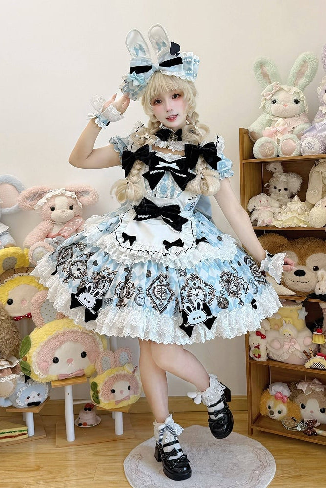 [Reservierungsschluss 30. Juni] Blau-weißes Alice-im-Wunderland Sweet-Lolita-Schleifen-Schürzen-OP-Kleid + Komplettset 1/2